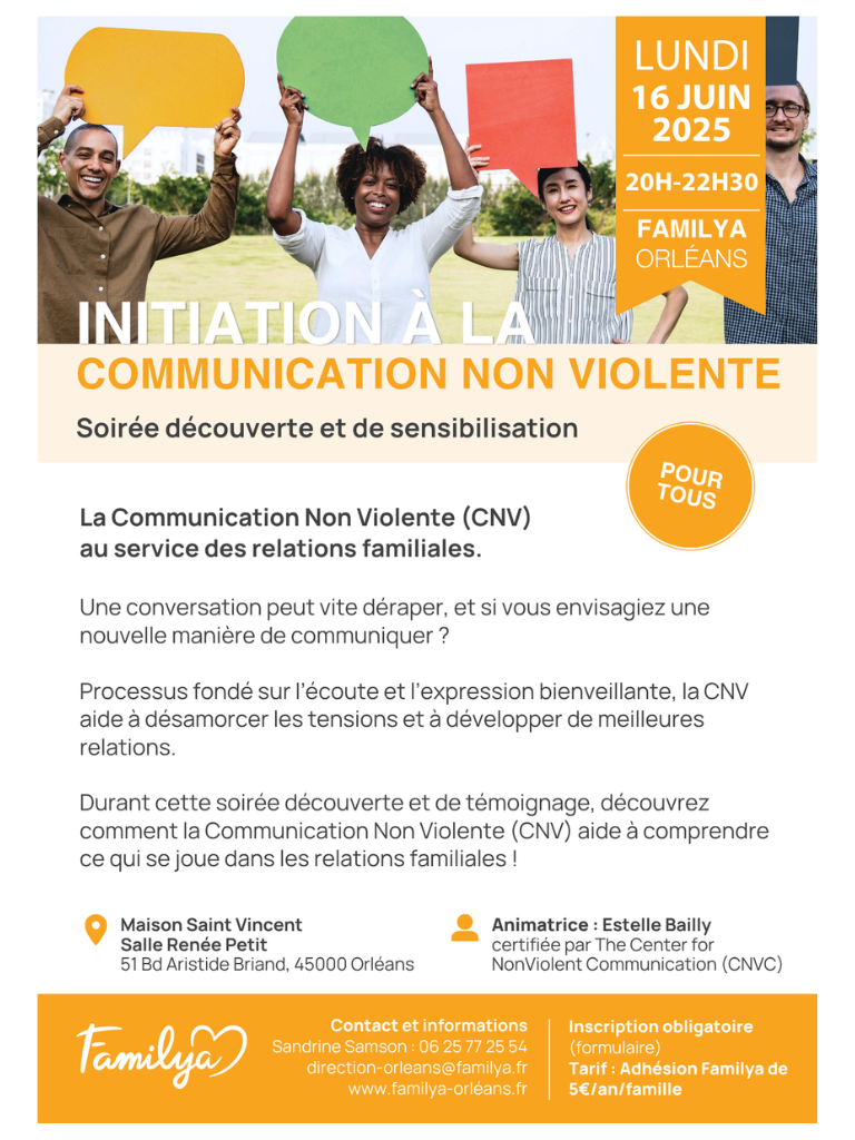 Atelier de sensibilisation à la Communication NonViolente, le 16 juin 2025 à 20h à Orléans pour la Maison Familya